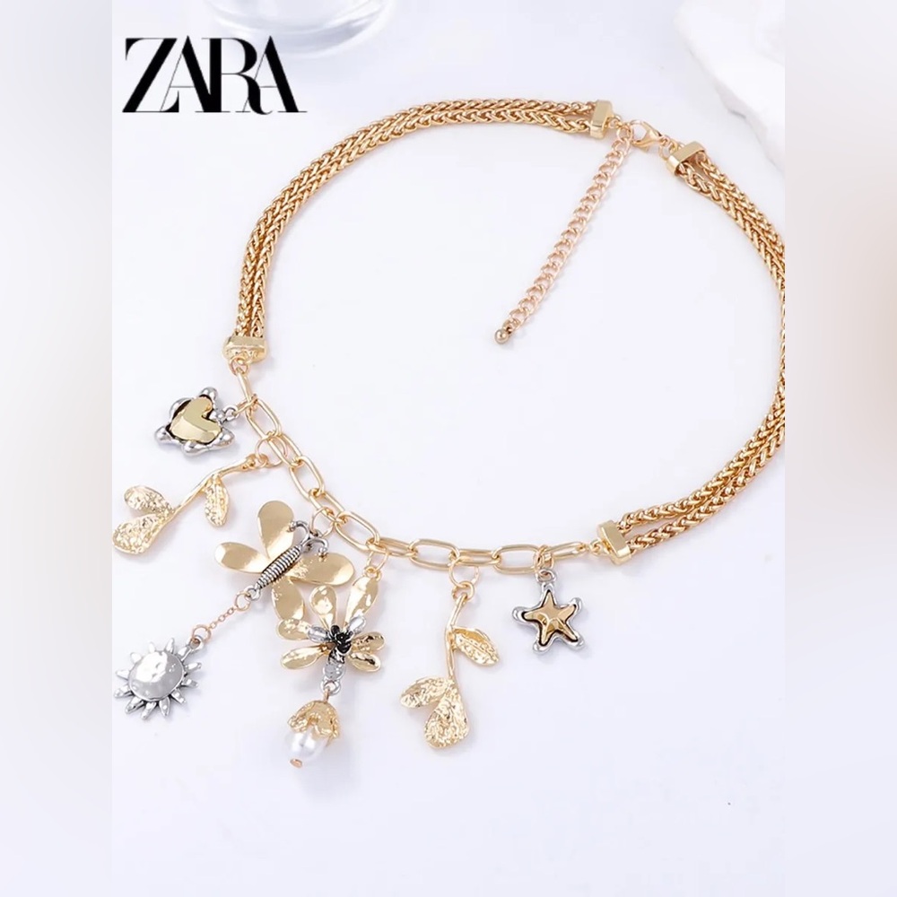 NWT. Zara Golden/Silver Butterfly Charm Combination Necklace. - Picture 2 of 12